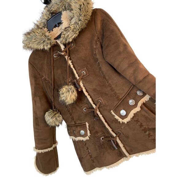 VTG Y2K Brown Esprit Faux Fur Sherpa Lined Coat Zip and Toggle Buttons RG10722 - Picture 1 of 11